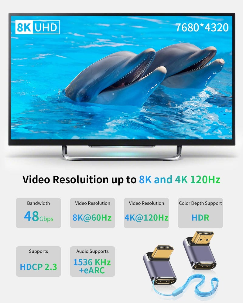 Duttek 8K HDMI 90 Degree Adapter, Up&Down 90 Degree HDMI Connector (48Gbps, 8K@60Hz, 4K@240Hz, Male to Female) 270 Degree and 90 Degree Adapter for Laptop,DVD,TV, Monitors (2 Pack) - Image 2