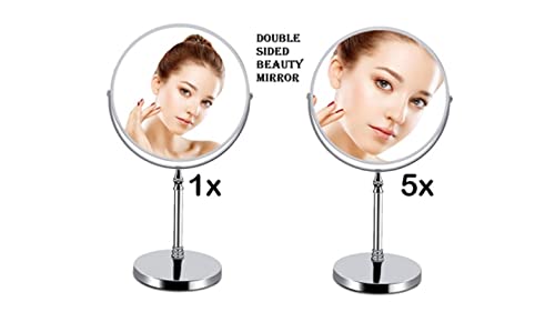 Loop Group Loop Group Silver Tabletop Double Side Shaving Makeup Vanity Mirror 360 Degree 5X Magnification Beauty Make up Cosmetic Stand for Shaving Makeup Vanity Bedroom Bathroom Desk Silver Oval  - Image 4