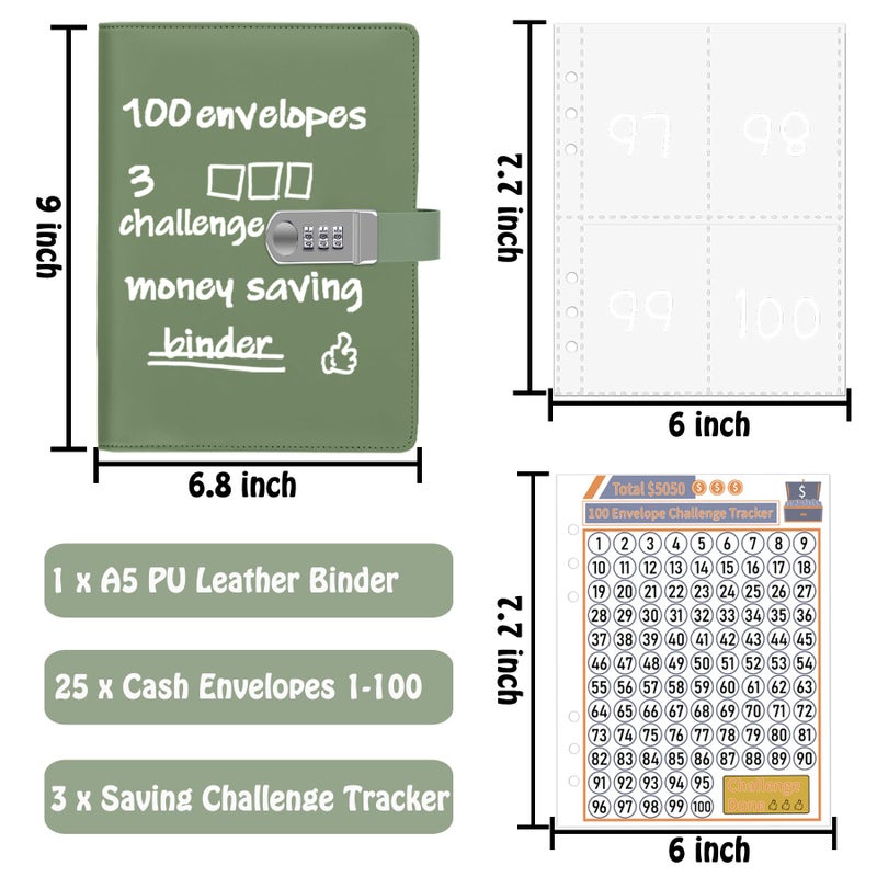 Antner 100 Envelopes Money Saving Challenge with Lock, A5 Money Saving Binder, Savings Challenges Book with Envelopes & Tracker to Save $5,050 - Password Lock to Protect Cash Security, Olive Green - Image 4