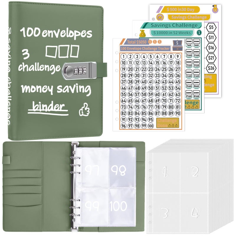Antner 100 Envelopes Money Saving Challenge with Lock, A5 Money Saving Binder, Savings Challenges Book with Envelopes & Tracker to Save $5,050 - Password Lock to Protect Cash Security, Olive Green - Image 1