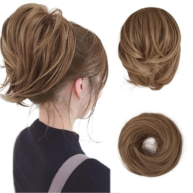 BARSDAR Brown Hair Bun Ponytail Extension Straight Synthetic Hair Bun Hairpiece For Women Fully Short Ponytail Bun Extensions Elastic Hair Bun Scrunchies Girls Daily  Light Golden Brown