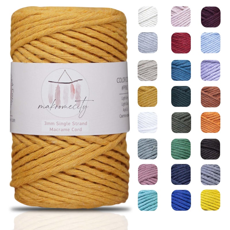 Makromecity Single Strand Macrame Cord 3 mm x 100 Yards 300 feet 3mm Single Twisted Mustard Cotton Cord for Macrame Art  Crafts for Wall Hangings Recycled Cotton Cord Yarn DIY Mustard 1 Skein
