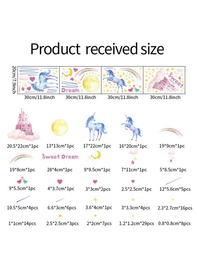 YOWOCAL Glow in The Dark Unicorn Castle Wall Decals,Peel and Stick Colorful Unicorn Wall Stickers with Moon Stars Sweet Dream Wall Art for Girls Kids Bedroom Nursery Party Home Decor(Blu-ray) - Image 3