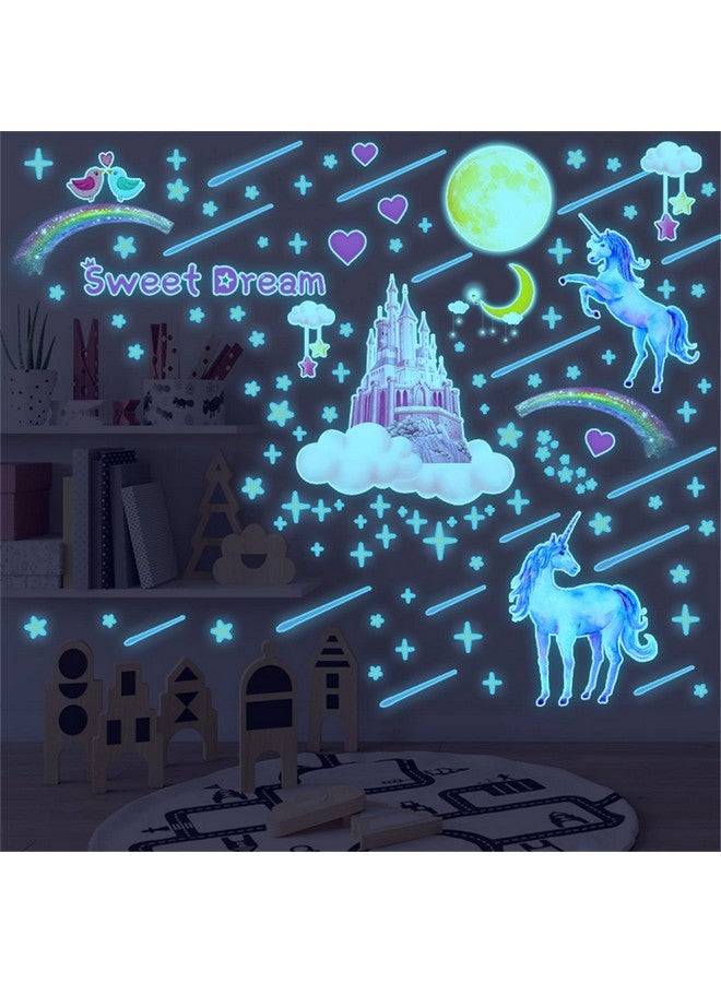 YOWOCAL Glow in The Dark Unicorn Castle Wall Decals,Peel and Stick Colorful Unicorn Wall Stickers with Moon Stars Sweet Dream Wall Art for Girls Kids Bedroom Nursery Party Home Decor(Blu-ray) - Image 1