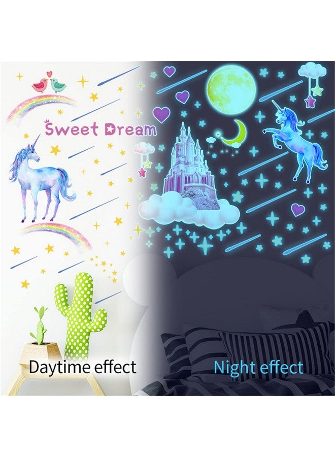 YOWOCAL Glow in The Dark Unicorn Castle Wall Decals,Peel and Stick Colorful Unicorn Wall Stickers with Moon Stars Sweet Dream Wall Art for Girls Kids Bedroom Nursery Party Home Decor(Blu-ray) - Image 2