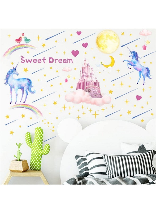 YOWOCAL Glow in The Dark Unicorn Castle Wall Decals,Peel and Stick Colorful Unicorn Wall Stickers with Moon Stars Sweet Dream Wall Art for Girls Kids Bedroom Nursery Party Home Decor(Blu-ray) - Image 4