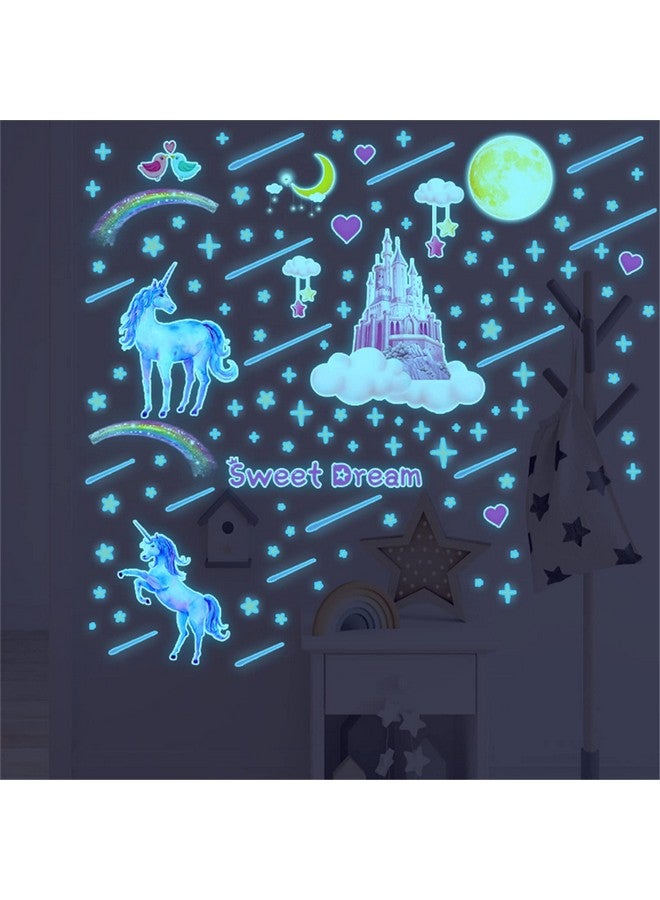 YOWOCAL Glow in The Dark Unicorn Castle Wall Decals,Peel and Stick Colorful Unicorn Wall Stickers with Moon Stars Sweet Dream Wall Art for Girls Kids Bedroom Nursery Party Home Decor(Blu-ray) - Image 5