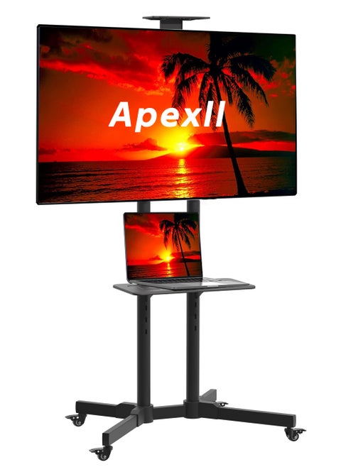 Mobile TV Stand Rolling Cart for 32-75 Inch TVs, Height Adjustable with Lockable Wheels and Removable Shelf, Supports LCD LED 4K Flat and Curved Screens, Max VESA 600x400mm, Dimensions 180x78x56cm, Black