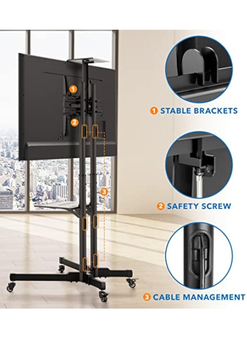 Apexll Mobile TV Stand Rolling Cart for 32-75 Inch TVs, Height Adjustable with Lockable Wheels and Removable Shelf, Supports LCD LED 4K Flat and Curved Screens, Max VESA 600x400mm, Dimensions 180x78x56cm, Black  - Image 2
