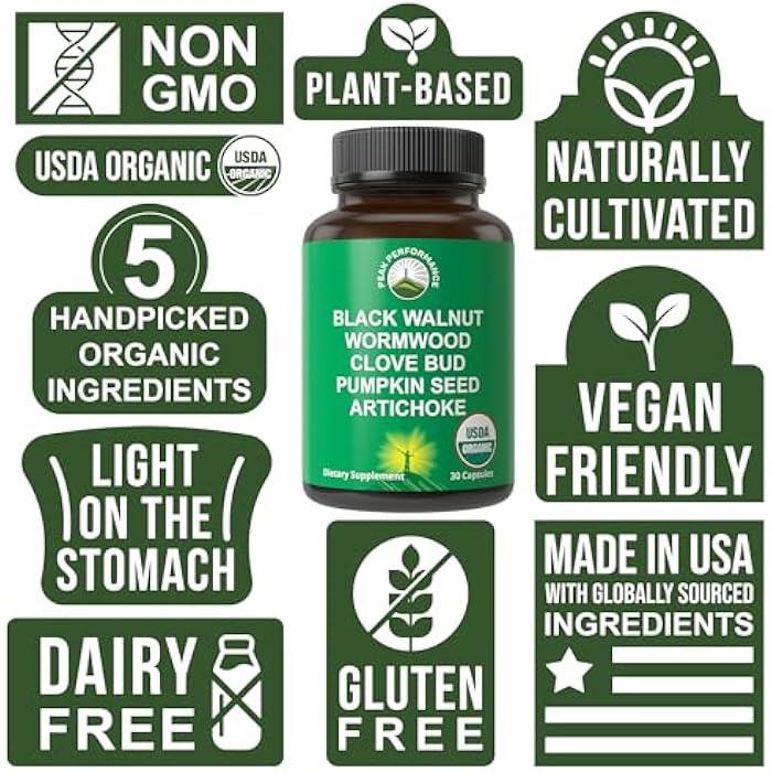 Peak Performance USDA Organic Wormwood Black Walnut Clove Cleanse For Humans. Elimination Detox + Intestinal Support Capsules Supplement for Adults and Kids. Pills with Artichoke and Pumpkin Seed for Added Benefits - Image 2