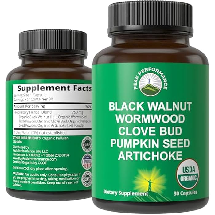 Peak Performance USDA Organic Wormwood Black Walnut Clove Cleanse For Humans. Elimination Detox + Intestinal Support Capsules Supplement for Adults and Kids. Pills with Artichoke and Pumpkin Seed for Added Benefits - Image 1