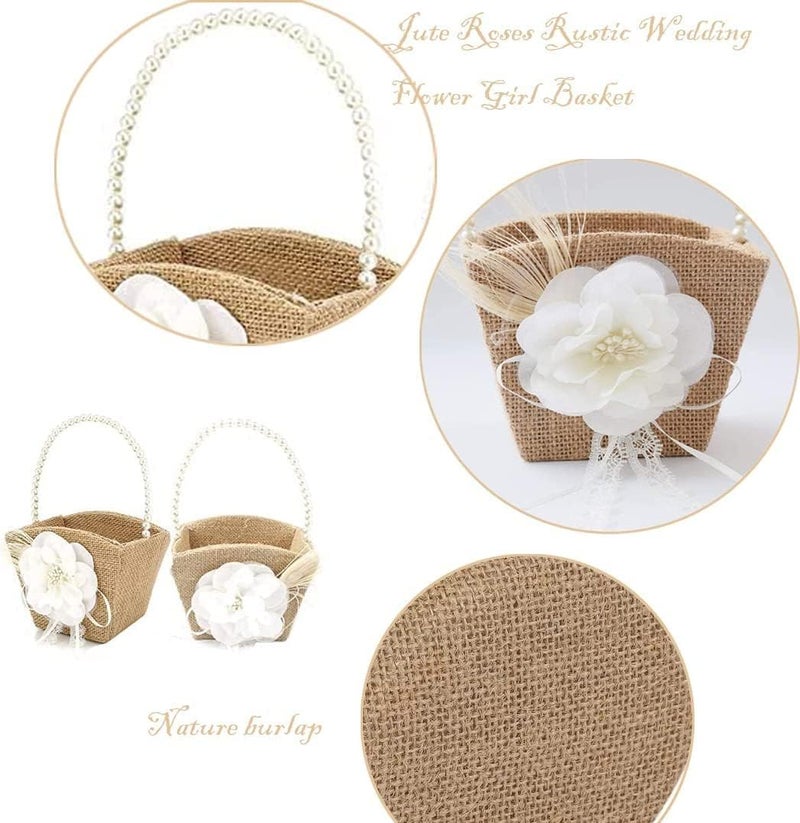 Yuudar Wedding Decoration Basket, Vintage Rustic Burlap Flower Girl Basket, Pearl Double Love Heart Bowknot, 4pcs - Image 1