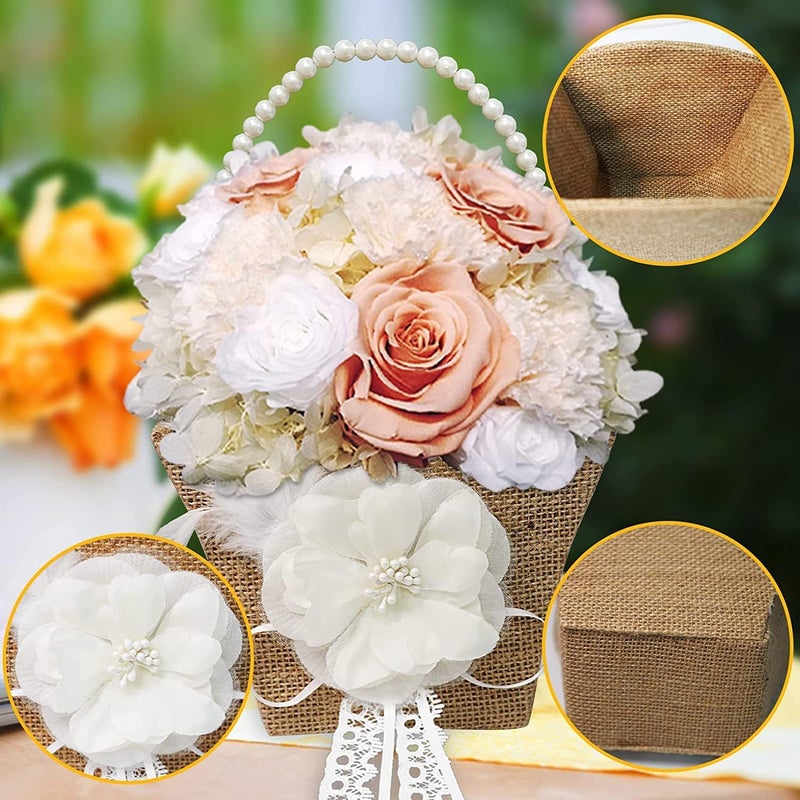Yuudar Wedding Decoration Basket, Vintage Rustic Burlap Flower Girl Basket, Pearl Double Love Heart Bowknot, 4pcs - Image 2