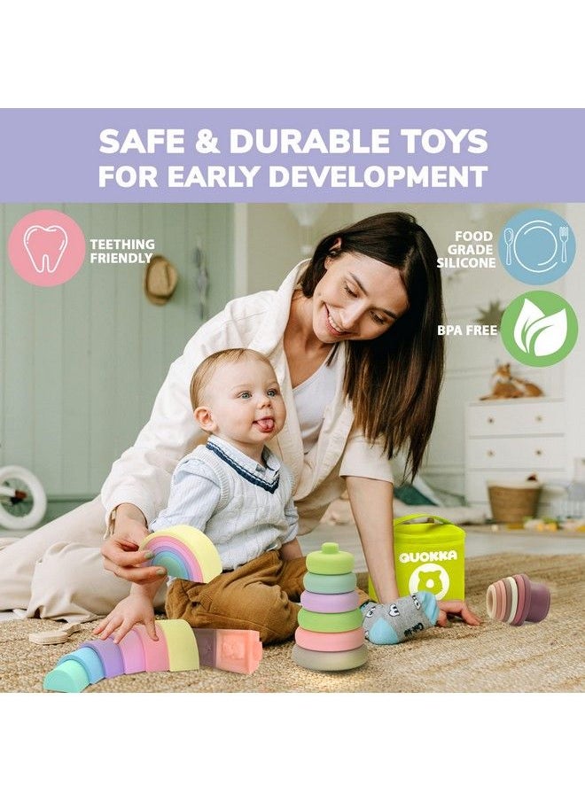quokka - 4X Set Montessori Toys For Babies 612 Months Stacking Toys For Toddlers 06 Months In A Bag ; Rainbow Stacker ; Stacking Cups ; Silicone Rings ; Soft Blocks ; Teething Toys 13 Years - Image 1