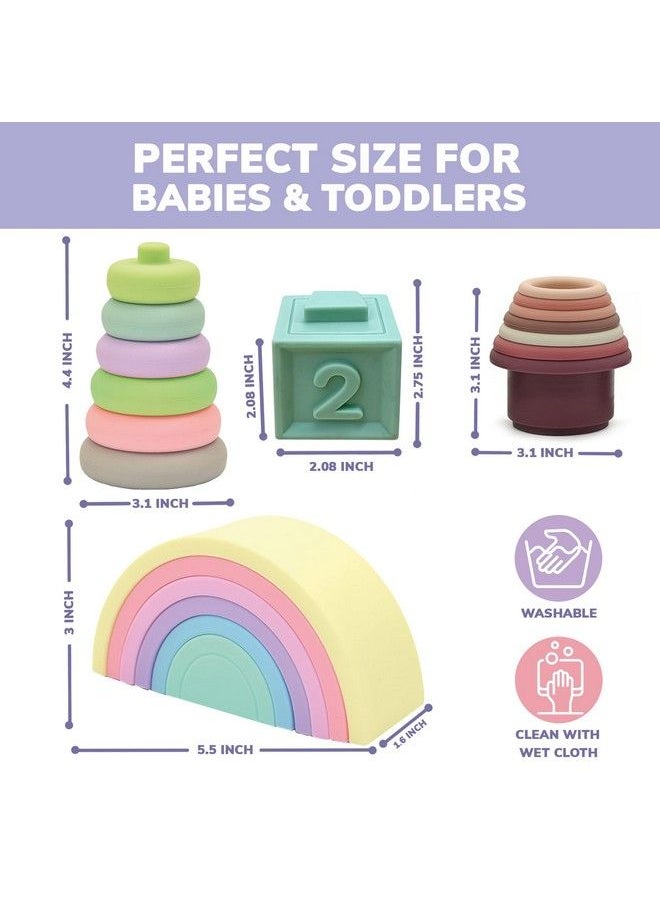 quokka - 4X Set Montessori Toys For Babies 612 Months Stacking Toys For Toddlers 06 Months In A Bag ; Rainbow Stacker ; Stacking Cups ; Silicone Rings ; Soft Blocks ; Teething Toys 13 Years - Image 1