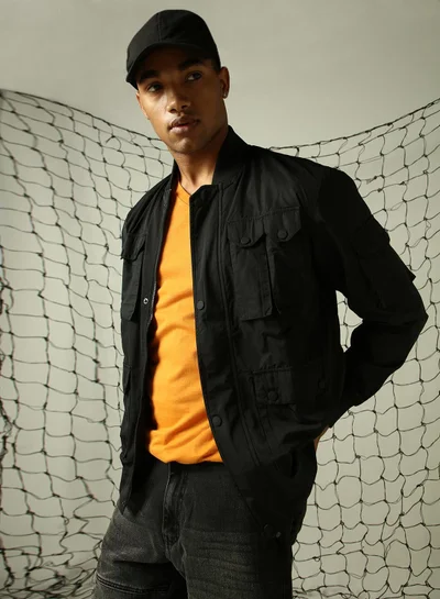 Hubberholme Men's Black 100% Polyester Solid Oversized Jacket