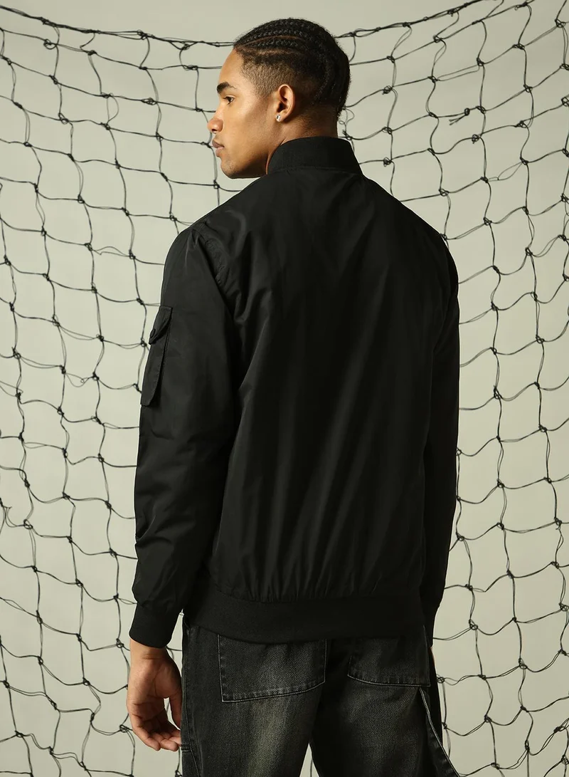 Hubberholme Men's Black 100% Polyester Solid Oversized Jacket
