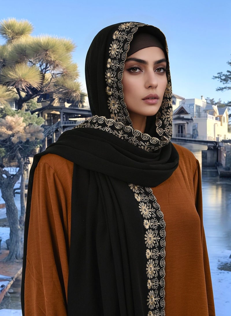 Chiffon Hijab Golden Thread Embroidery Sunflower Scarf Headscarf Women Tudung Pashmina Shawl  - Image 1
