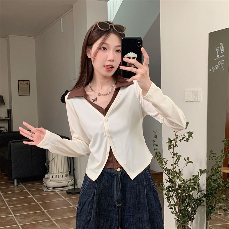 Fake Two-piece Long-sleeved T-shirt Women's plus size Spring and Autumn Slight Chubby Women's V-neck Base Shirt with Short Top - Image 1