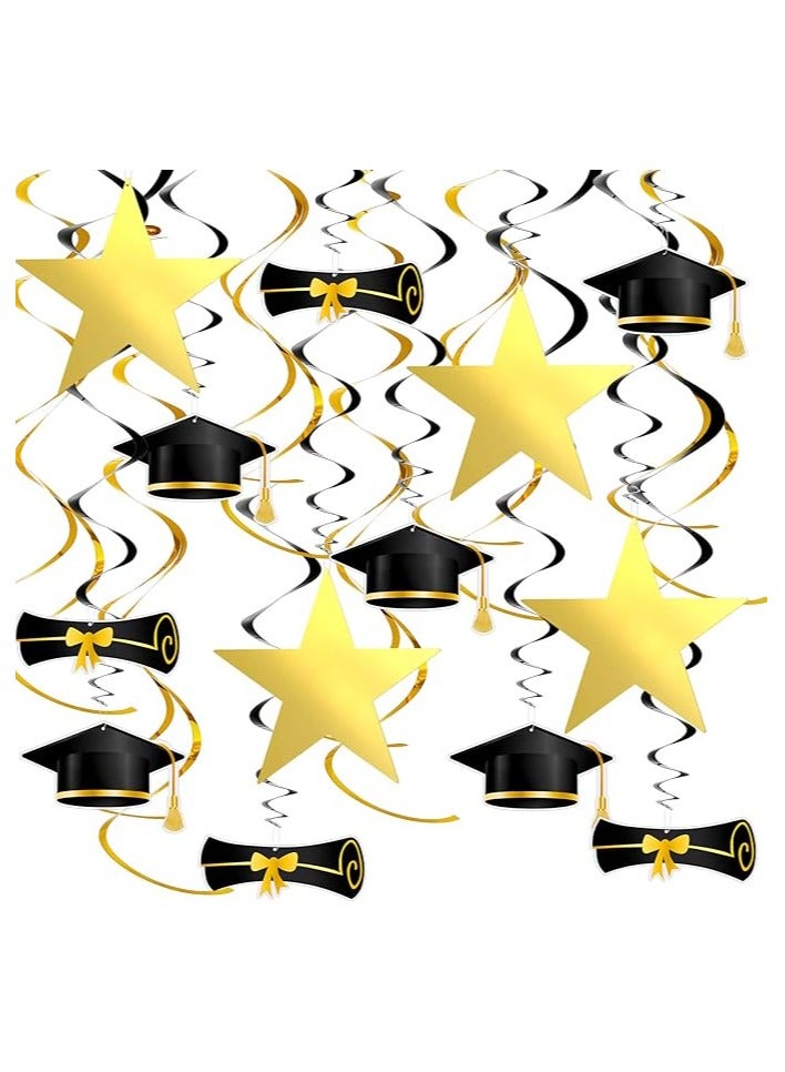 60 Pcs Graduation Party Decorations 2023 Graduation Party Supplies 24 Pcs 11'' Gold Star Cutouts Double Printed Hanging Paper Stars 36 Pcs Black Gold Foil Graduation Hanging Swirls Decorations - Image 1