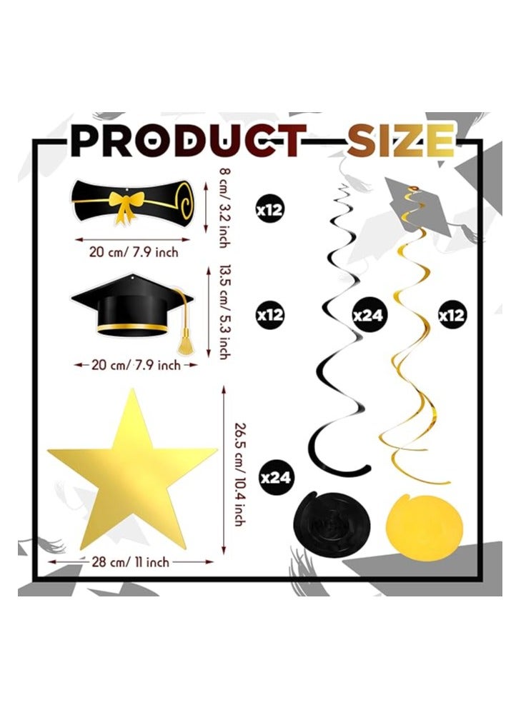 60 Pcs Graduation Party Decorations 2023 Graduation Party Supplies 24 Pcs 11'' Gold Star Cutouts Double Printed Hanging Paper Stars 36 Pcs Black Gold Foil Graduation Hanging Swirls Decorations - Image 2