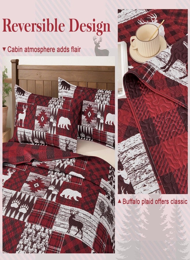 Tritard طقم لحاف مكون من 3 قطع، مقاس كينج، بنمط ريفي لعيد الميلاد، قابل للعكس، مصنوع من الألياف الدقيقة الناعمة والخفيفة الوزن، يتضمن غطاء سرير ريفي مع غطاءين للوسائد، مناسب لجميع الفصول، مقاس 106 × 96 بوصة، لون أحمر - Image 4