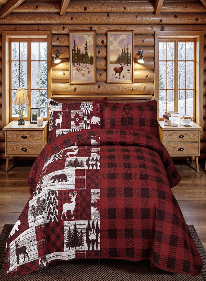 Tritard طقم لحاف مكون من 3 قطع، مقاس كينج، بنمط ريفي لعيد الميلاد، قابل للعكس، مصنوع من الألياف الدقيقة الناعمة والخفيفة الوزن، يتضمن غطاء سرير ريفي مع غطاءين للوسائد، مناسب لجميع الفصول، مقاس 106 × 96 بوصة، لون أحمر - Image 3