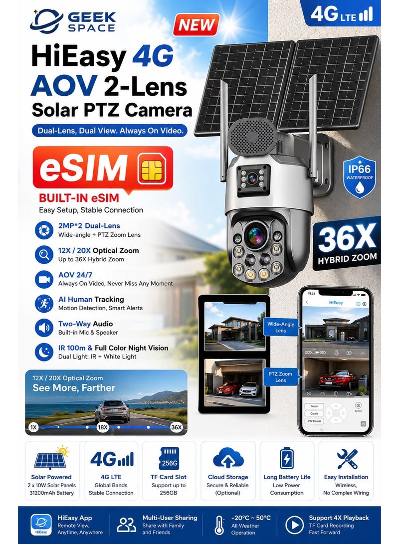 GEEK SPACE 4G LTE Solar PTZ Security Camera with eSIM, Dual Lens, 36X Hybrid Zoom, AI Human Tracking, 360° Pan Tilt, Full Color Night Vision, Two-Way Audio, IP66 Wireless Outdoor CCTV Camera - Image 2