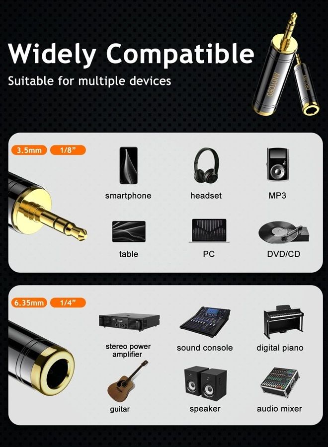 ANDTOBO 1/4'' to 3.5mm Stereo Pure Copper Headphone Adapter,3.5mm(1/8'') Plug Male to 6.35mm (1/4'') Jack Female Stereo Adapter for Headphone, Amp Adapte, Black 2-Pack - Image 5