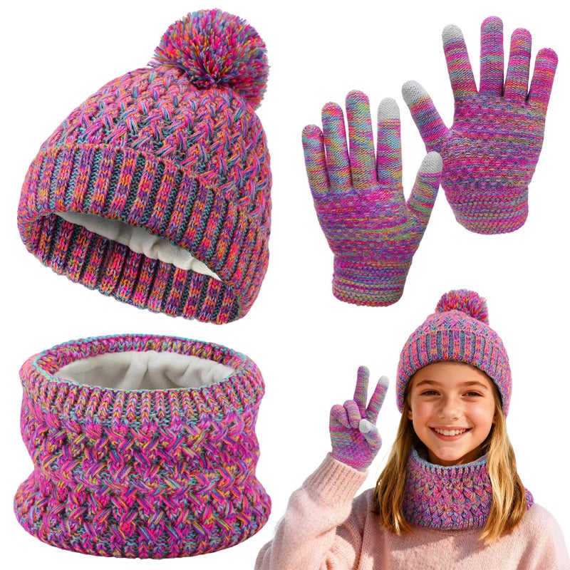 Beeplove Hat and Gloves for Girls - Teenage Winter Warm Soft Beanie Scarf Gloves Set with Pompom, Girls Gifts, Purple Red Mix - Image 1