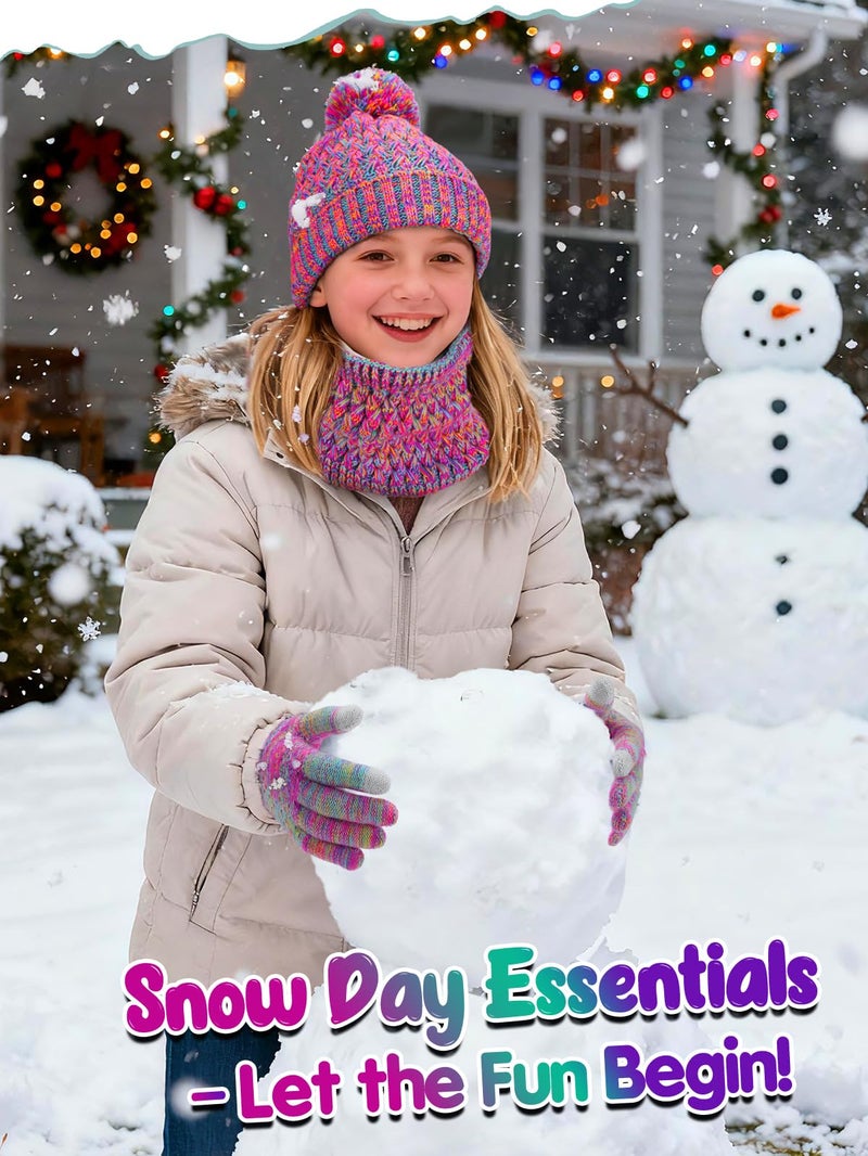 Beeplove Hat and Gloves for Girls - Teenage Winter Warm Soft Beanie Scarf Gloves Set with Pompom, Girls Gifts, Purple Red Mix - Image 4