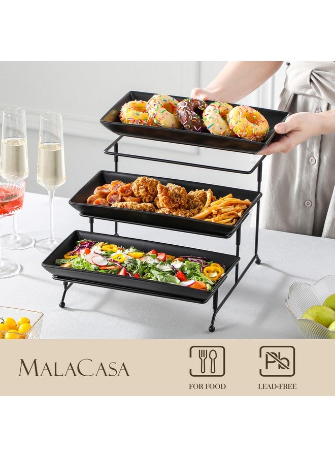 MALACASA 3 Tier Serving Trays for Party, Stoneware Serving Platters and Trays, 12 Inch Tiered Tray Stand, Fruit Tray, Trays for Serving Food, Black Dessert Stand with Collapsible Sturdier Metal Rack - Image 3