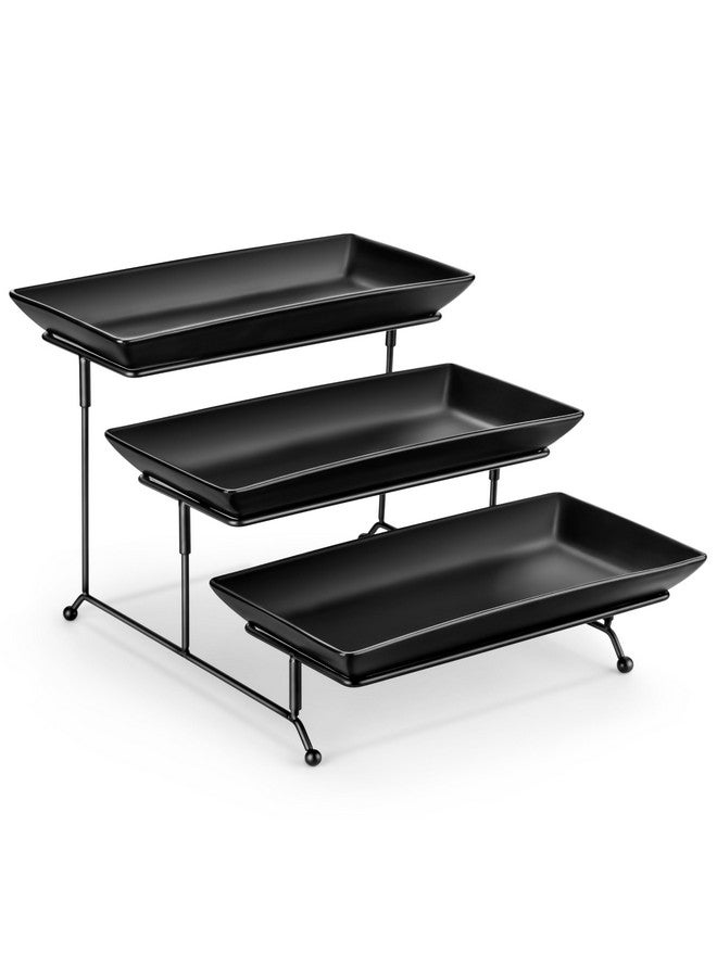 MALACASA 3 Tier Serving Trays for Party, Stoneware Serving Platters and Trays, 12 Inch Tiered Tray Stand, Fruit Tray, Trays for Serving Food, Black Dessert Stand with Collapsible Sturdier Metal Rack - Image 1