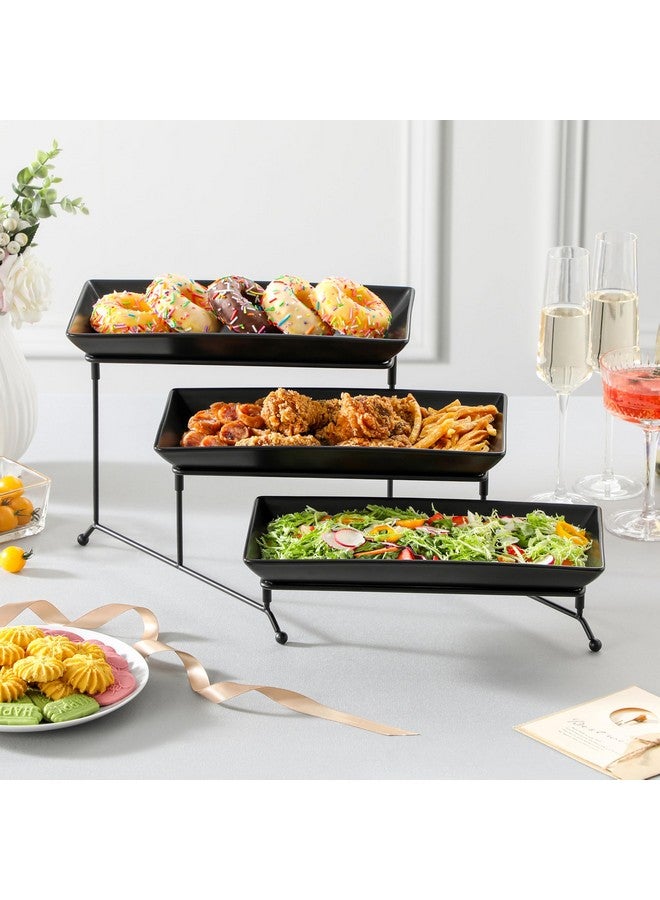 MALACASA 3 Tier Serving Trays for Party, Stoneware Serving Platters and Trays, 12 Inch Tiered Tray Stand, Fruit Tray, Trays for Serving Food, Black Dessert Stand with Collapsible Sturdier Metal Rack - Image 5
