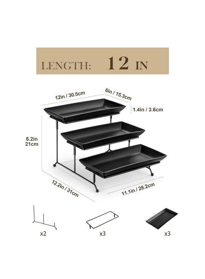 MALACASA 3 Tier Serving Trays for Party, Stoneware Serving Platters and Trays, 12 Inch Tiered Tray Stand, Fruit Tray, Trays for Serving Food, Black Dessert Stand with Collapsible Sturdier Metal Rack - Image 2