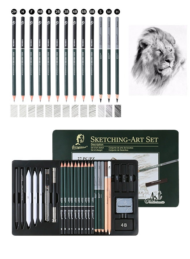 Generic 27pcs Professional Sketch Pencil Drawing Pencils Set with Charcoal Pencil, Eraser, Pencil Sharpener, Paper Eraser, Extender Portable Sketch Pen with Metal Storage Box, Complete Range of Art Supplies for Beginners, Art Lovers, Artists, Designers  - Image 1