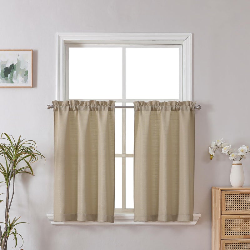Chyhomenyc Camel Kitchen Curtains 24 Inch Length, Faux Linen Textured Light Filtering Short Window Curtains for Bathroom Basement, Each 30x24 Inch - Image 1