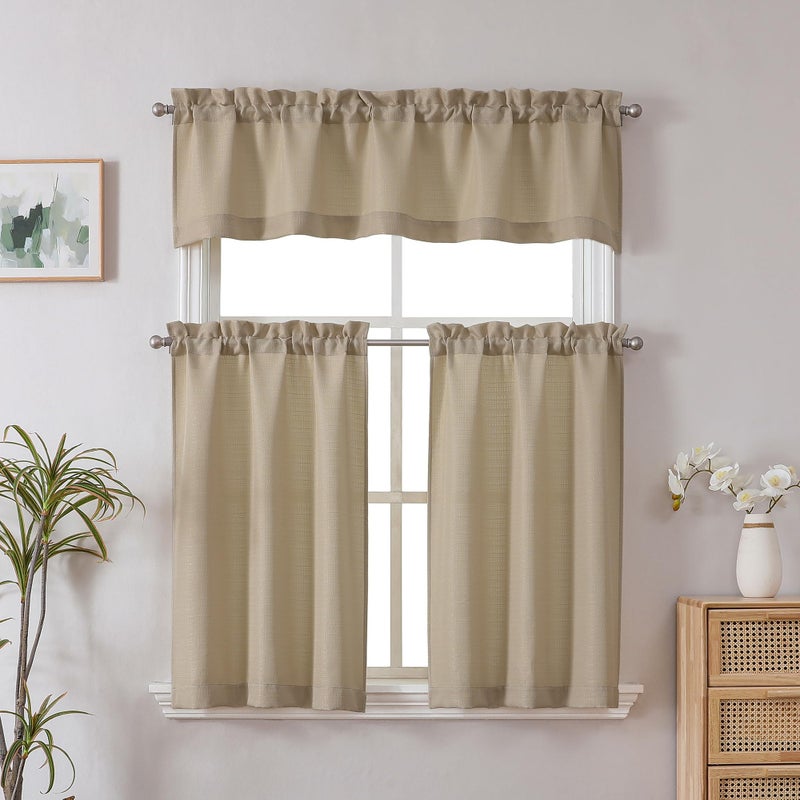 Chyhomenyc Camel Kitchen Curtains 24 Inch Length, Faux Linen Textured Light Filtering Short Window Curtains for Bathroom Basement, Each 30x24 Inch - Image 2