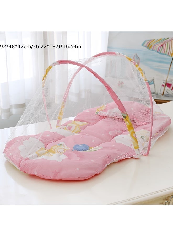 Arabash Baby Mosquito Net Bed, Soft Cartoon Infant Sleeping Mat with Netting, Foldable Baby Crib Bassinet for Newborn, Travel Portable Baby Nest - Pink - Image 2