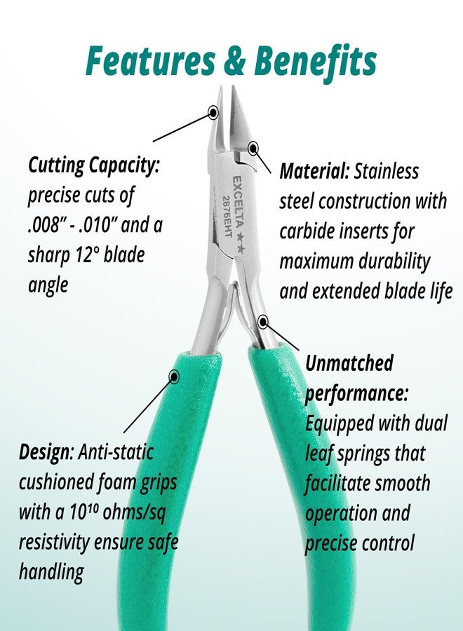 إكسلتا قاطع أسلاك صلب شبه مستوي برأس مخروطي صغير من Excelta 2876EHT، مصنوع من الفولاذ المقاوم للصدأ وحشوات من الكربيد، مقاوم للتآكل، مقابض مبطنة مضادة للكهرباء الساكنة، الطول الإجمالي 4.25 بوصة، متوسط - Image 3