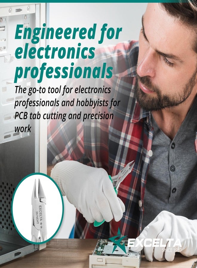 إكسلتا قاطع أسلاك صلب شبه مستوي برأس مخروطي صغير من Excelta 2876EHT، مصنوع من الفولاذ المقاوم للصدأ وحشوات من الكربيد، مقاوم للتآكل، مقابض مبطنة مضادة للكهرباء الساكنة، الطول الإجمالي 4.25 بوصة، متوسط - Image 5