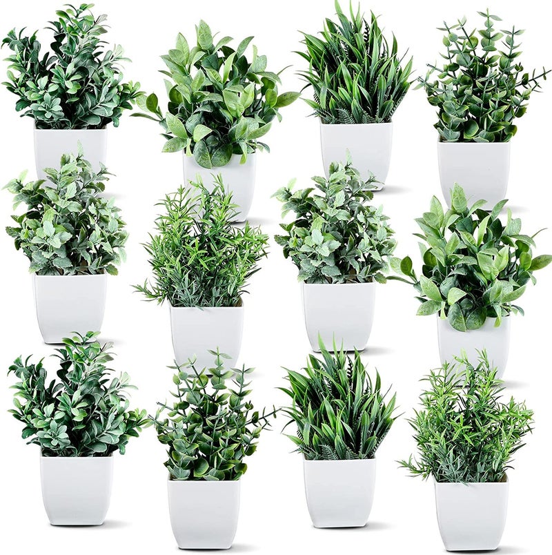 Dekorly Artificial Potted Plants, Artificial Plastic Eucalyptus Plants Small Indoor Potted Houseplants, Small Faux Plants for Home Decor Bathroom Office Farmhouse (Set 0F 12) - Image 5