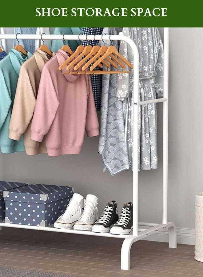 Rack Store Garment Rack Double Pole Heavy Duty Curved Shape Hanging Clothes Hooks & Bottom Storage Shelf Organizer for Shoes Commercial Grade Multi Purpose Entryway Shelving Unit With Wheels White - Image 2