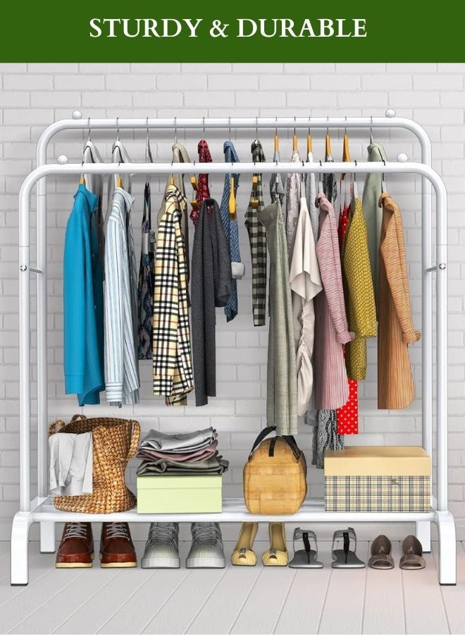 Rack Store Garment Rack Double Pole Heavy Duty Curved Shape Hanging Clothes Hooks & Bottom Storage Shelf Organizer for Shoes Commercial Grade Multi Purpose Entryway Shelving Unit With Wheels White - Image 3