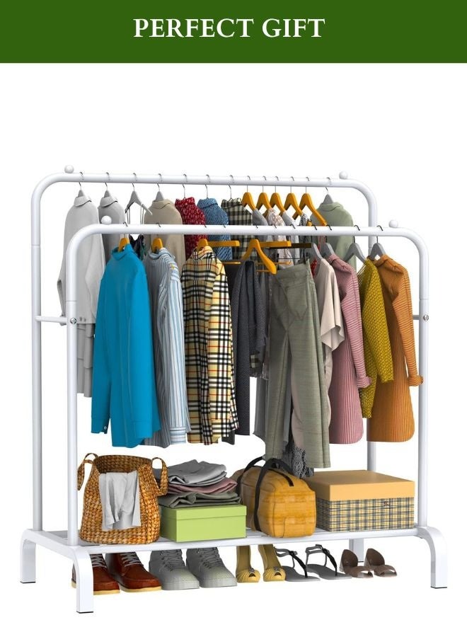 Rack Store Garment Rack Double Pole Heavy Duty Curved Shape Hanging Clothes Hooks & Bottom Storage Shelf Organizer for Shoes Commercial Grade Multi Purpose Entryway Shelving Unit With Wheels White - Image 1