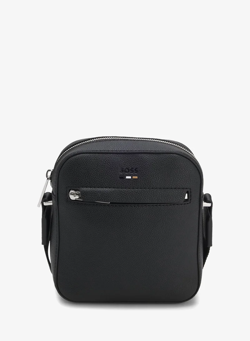 Grained faux-leather reporter bag with signature-stripe trim