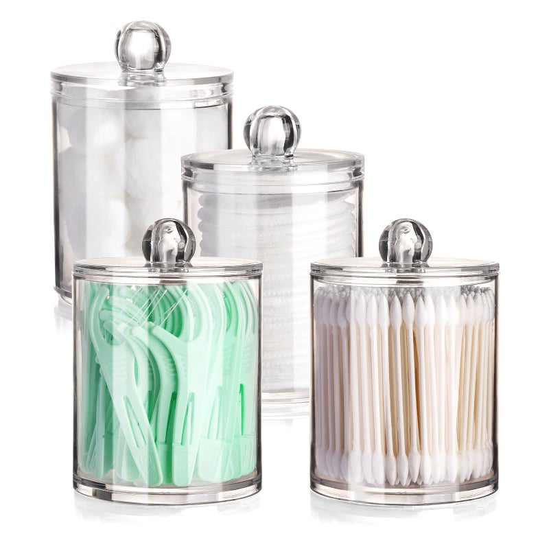 Tbestmax 4 Pack Qtip Holder  Restroom Bathroom Organizers with Clear Plastic Apothecary Jars for Cotton Swab Round Pads Floss