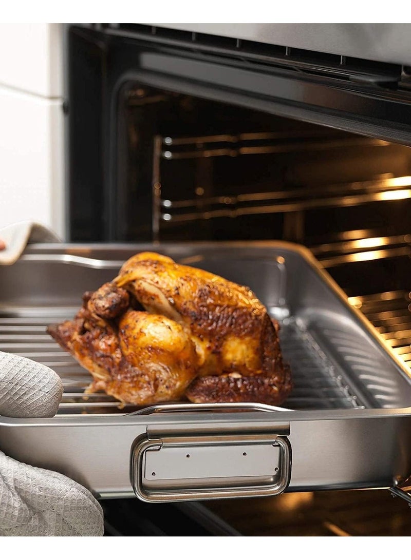 YIM-VIBEHAUS Stainless Steel Roasting Pan 39.5*29.5*7 CM, Roasting Tin Pan with Grill Rack and Handle for Oven, High Sided Easy to Clean Induction Roast Tray for Chicken, Vegetable, Lasagna - Image 5