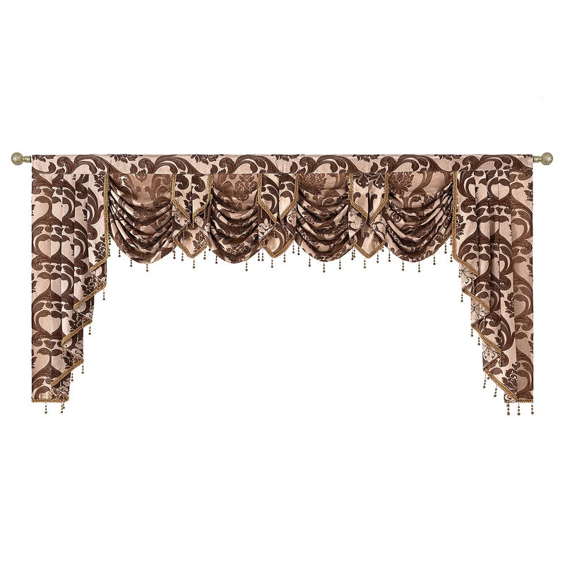NAPEARL Valance Curtains for Living Room Damask Waterfall Valance for Windows with Beads Wide Brown Swag Valance for Windows 101Inch Wide