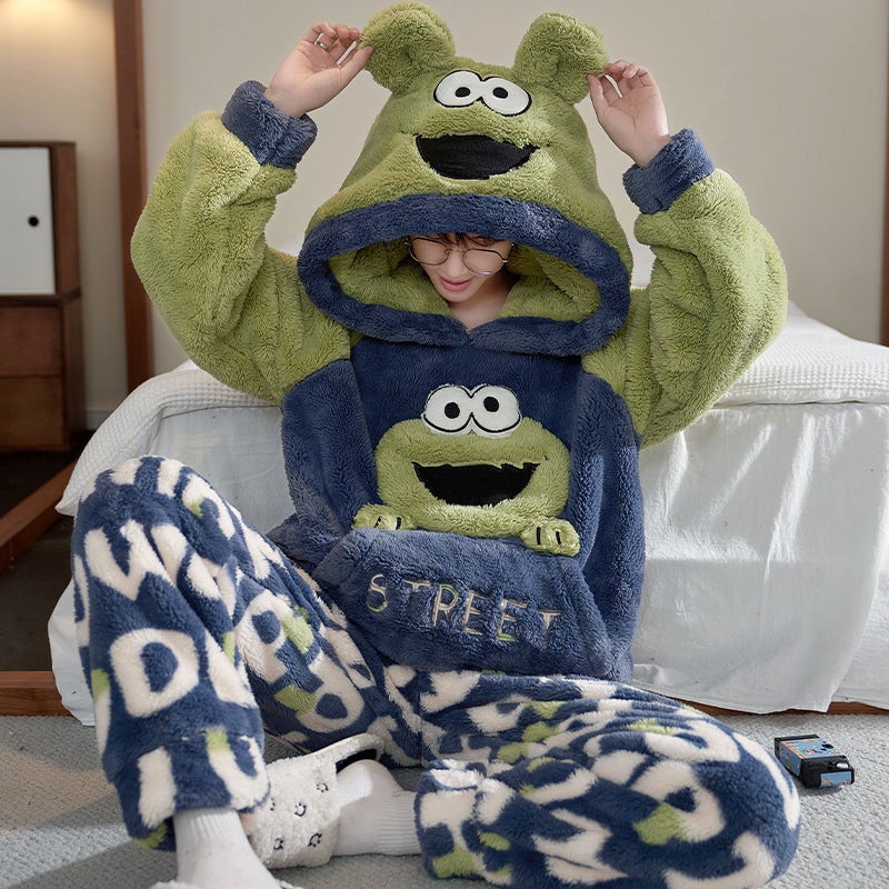 Winter Coral Fleece Pajamas Men'S Fleece-Lined Thickened Warm Cartoon Hooded Flannel Teenager Home Clothes Suit - Image 3